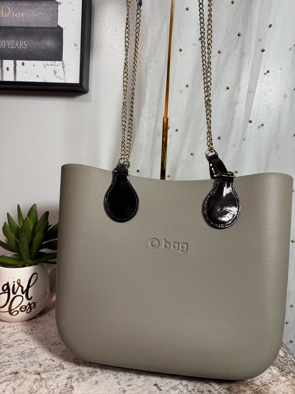 O bag Women's Tote in clay with Black Chain Handles